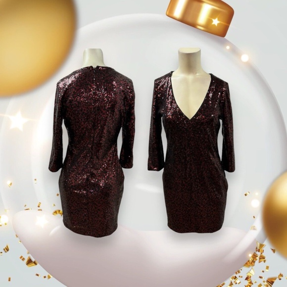 Express,Woman,Party Dress,Size S,Black red sequin,Zip,Long Sleeve,V Neck,Short.! - Picture 1 of 11